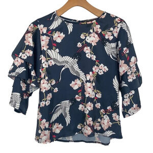 Almatrichi Blouse Womens Small Blue Pink Ruffle Flutter‎ Layer Crane Bird Floral